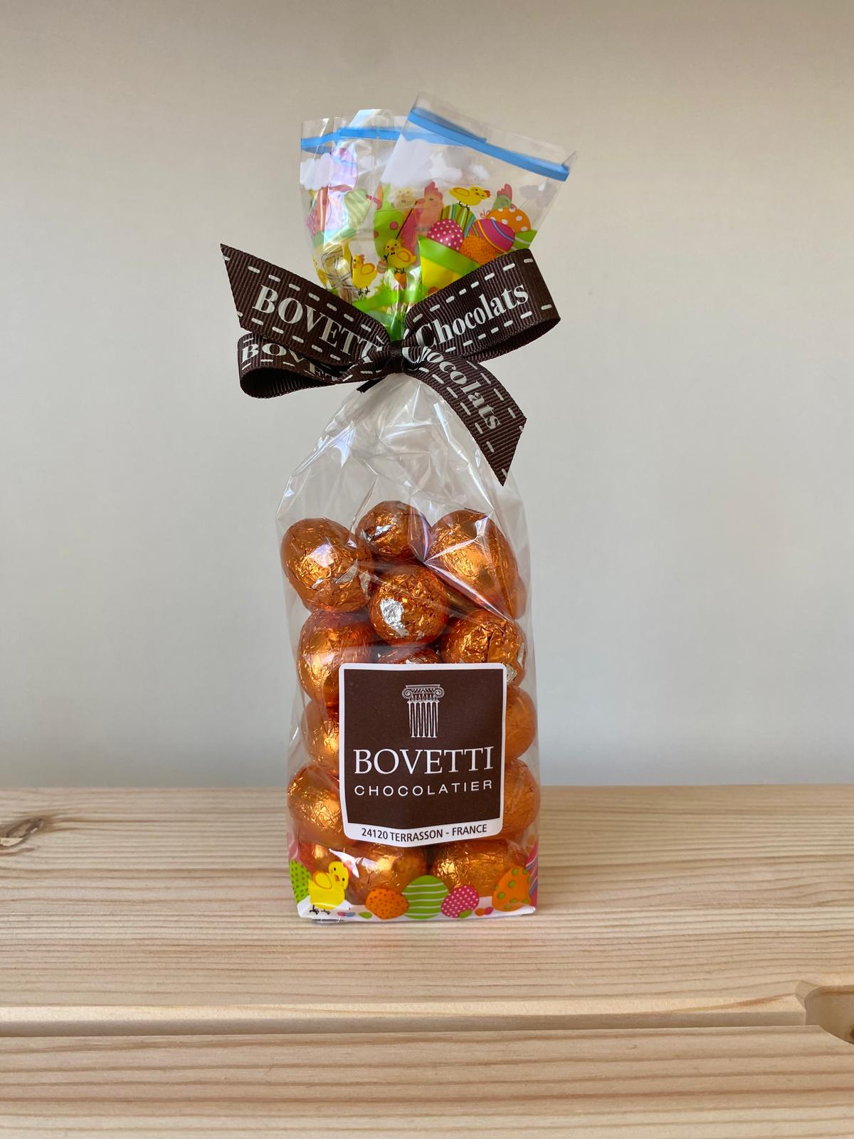 Sachet petits oeufs emballés fourrés - chocolat lait caramel