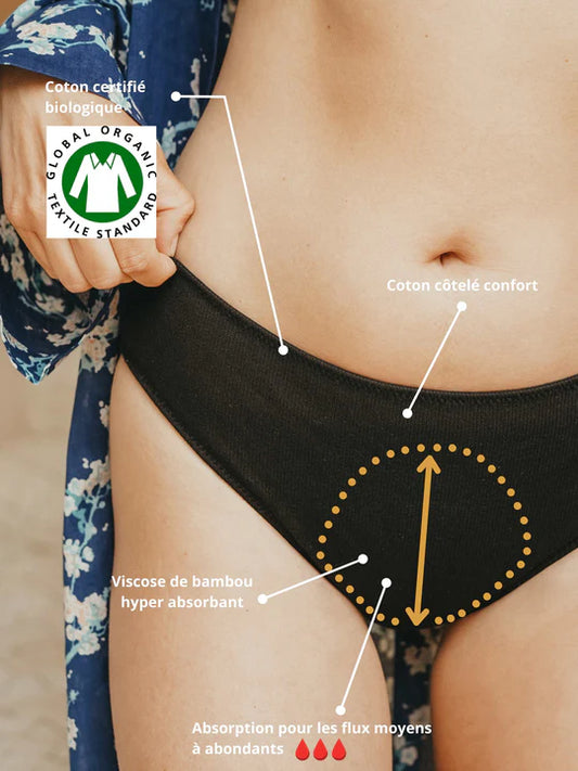 Culotte menstruelle Noire coton bio - flux moyen à abondant