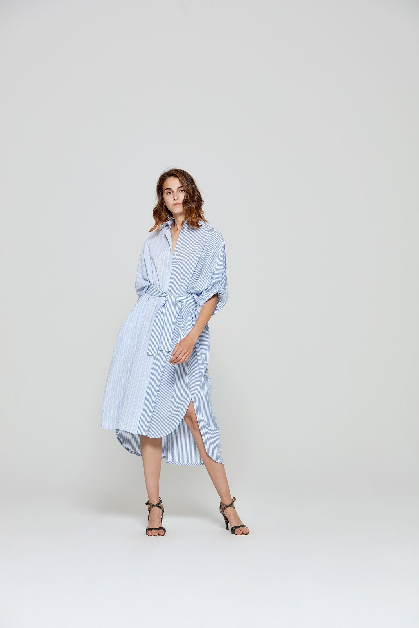 Robe Chemise Texturée à Rayures, Bleue