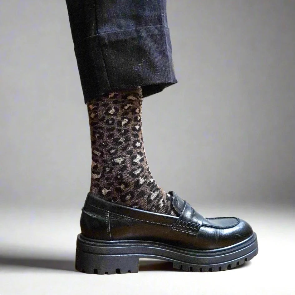 KLUE Chaussettes Lurex paillettes Léopard Marron