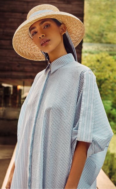 Robe Chemise Texturée à Rayures, Bleue