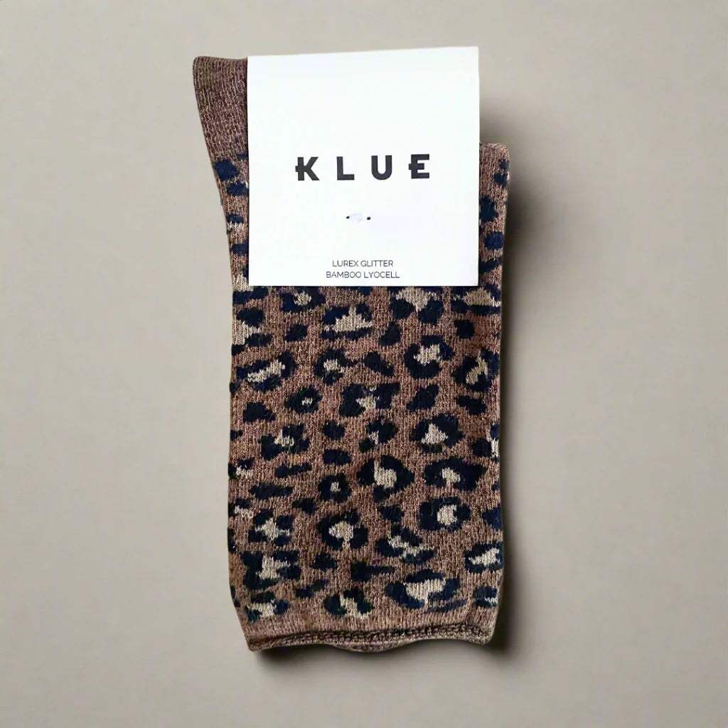 KLUE Chaussettes Lurex paillettes Léopard Marron