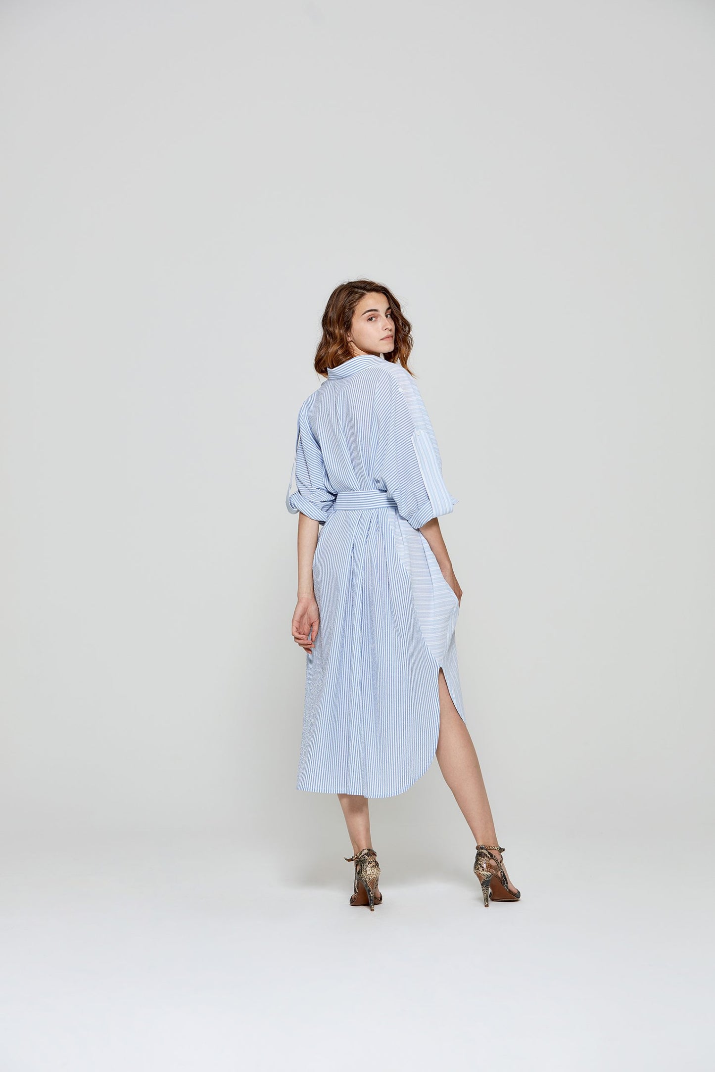 Robe Chemise Texturée à Rayures, Bleue