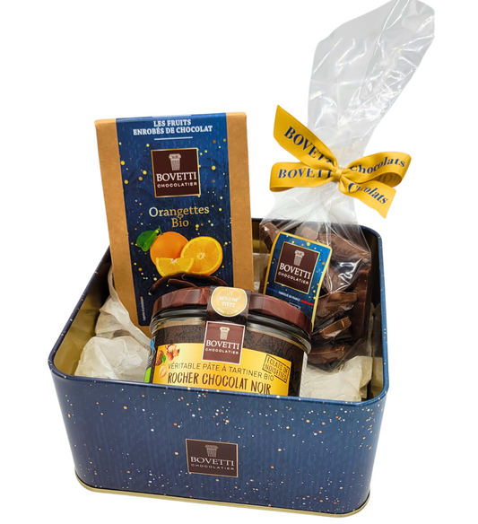 Coffret de Noël bio - Orangettes, chocolats et pâte à tartiner rocher chocolat noir