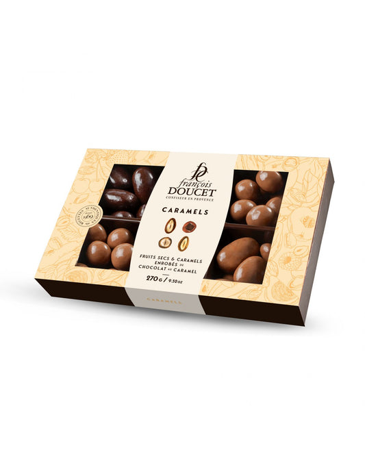 Ecrin Caramels - Assortiment Fruits Secs et caramels enrobés de chocolat au caramel