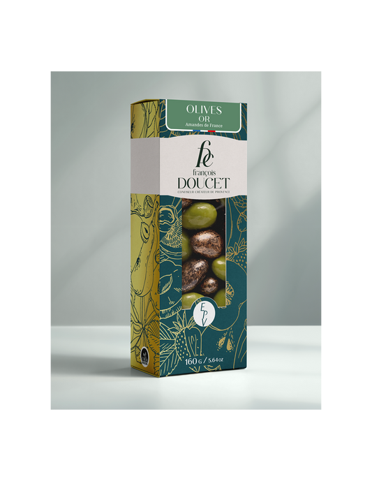 Olives Or 160g – Amandes enrobées de chocolat noir et blanc paré d'or