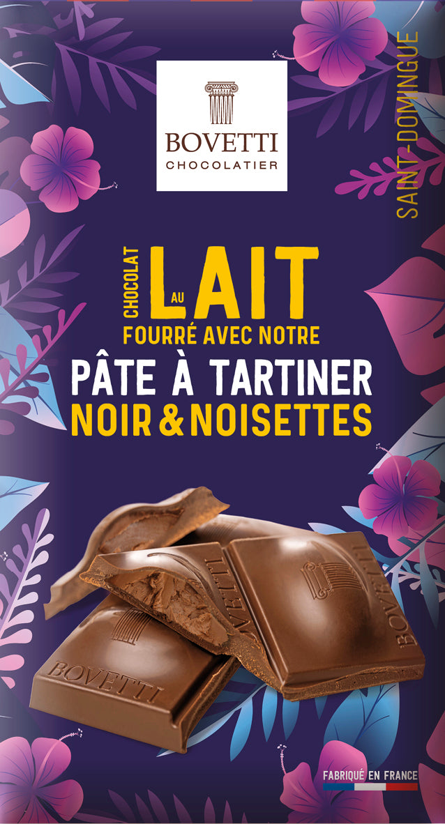 Tablette de chocolat au lait fourrée pâte à tartiner noir et noisette