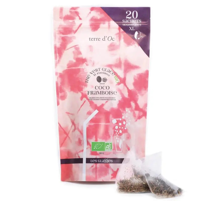 Thé Vert Glacé Bio – Saveur Coco Framboise – 20 sachets