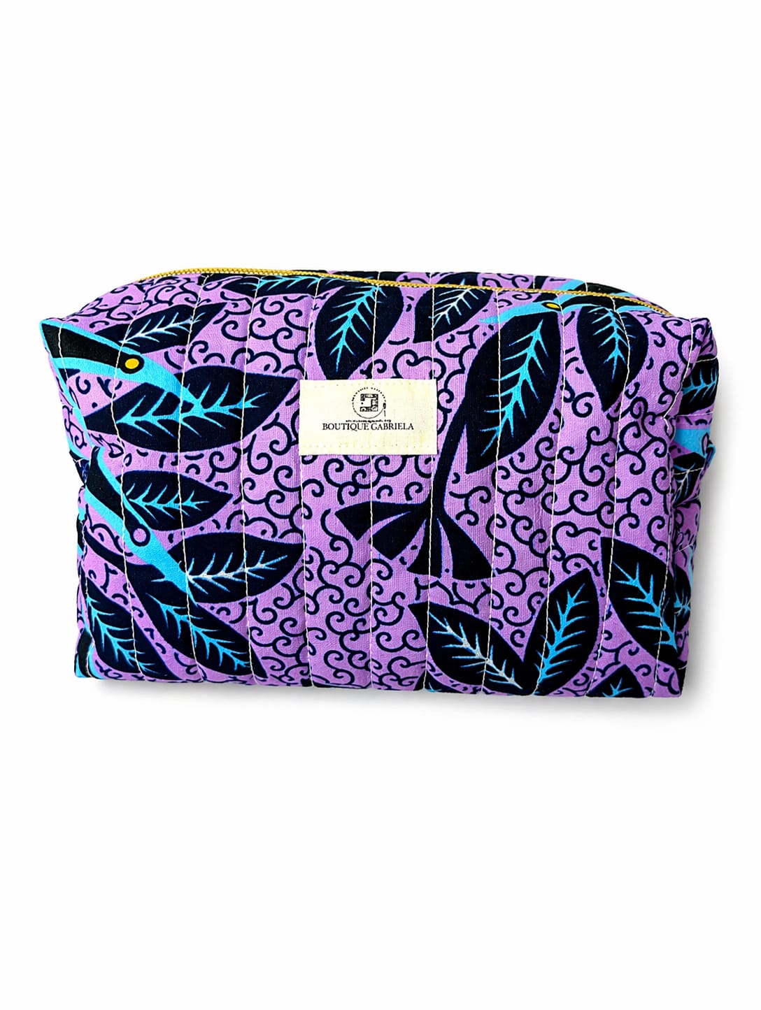 Trousse Matelassée Wax Violet Feuille bleue